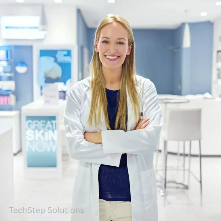 Smiling provider in a white coat standing in a treatment room.