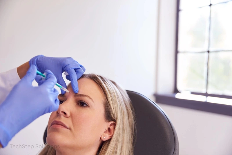 woman sitting in chair being give botox injection