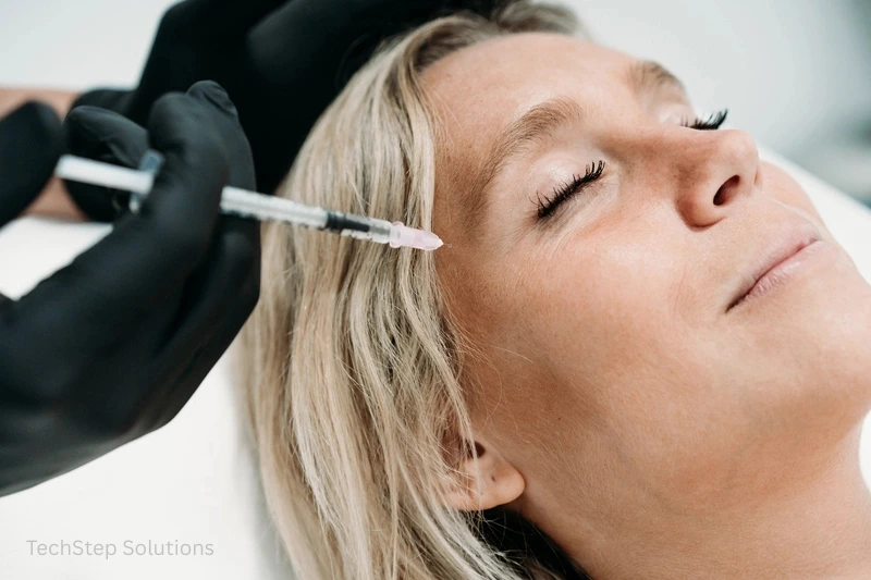 young woman gets beauty facial injections in salon